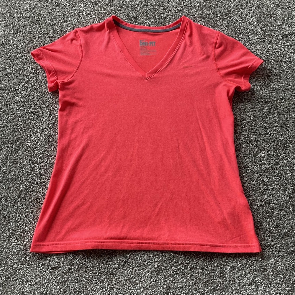 Nike Shirt Womens Large Coral Dri-FIT V Neck Short Sleeve Running Workout Top